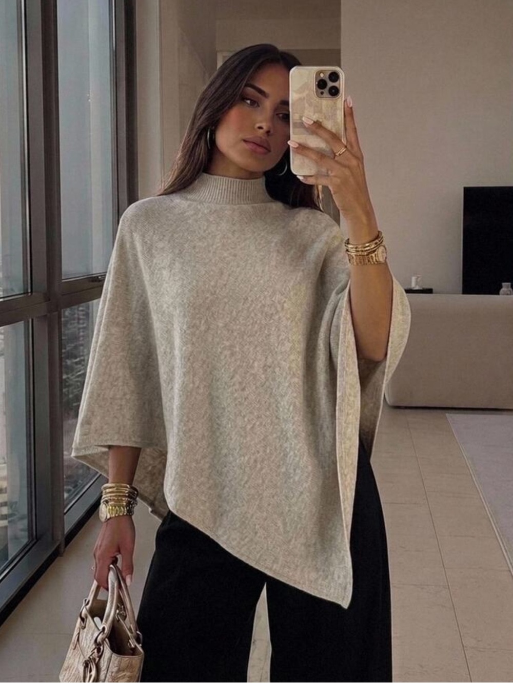 Aloruh Women's Autumn/Winter New Shawl Cape Sweater, Khaki Color, Loose Fit,
